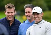 7 September 2025; Rory McIlroy of Northern Ireland celebrates with members of his team Niall O'Connor, left, and manager Sean O'Flaherty after the final round of the Amgen Irish Open Golf Championship 2025 at The K Club in Straffan, Kildare. Photo by Ramsey Cardy/Sportsfile