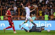 9 September 2025; Evan Ferguson of Republic of Ireland is tackled by Armenia goalkeeper Ognjen Chancharevich during the FIFA World Cup 2026 Group F qualifying match between Armenia and Republic of Ireland at Vazgen Sargsyan Republican Stadium in Yerevan, Armenia. Photo by Stephen McCarthy/Sportsfile