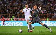 9 September 2025; Armenia goalkeeper Ognjen Chancharevich in action against Evan Ferguson of Republic of Ireland during the FIFA World Cup 2026 Group F qualifying match between Armenia and Republic of Ireland at Vazgen Sargsyan Republican Stadium in Yerevan, Armenia. Photo by Stephen McCarthy/Sportsfile
