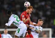 9 September 2025; Erik Piloyan of Armenia in action against Chiedozie Ogbene, left, and Jack Taylor of Republic of Ireland during the FIFA World Cup 2026 Group F qualifying match between Armenia and Republic of Ireland at Vazgen Sargsyan Republican Stadium in Yerevan, Armenia. Photo by Stephen McCarthy/Sportsfile