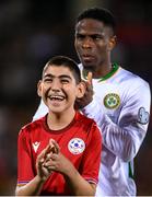 9 September 2025; A local mascot with Chiedozie Ogbene of Republic of Ireland before the FIFA World Cup 2026 Group F qualifying match between Armenia and Republic of Ireland at Vazgen Sargsyan Republican Stadium in Yerevan, Armenia. Photo by Stephen McCarthy/Sportsfile