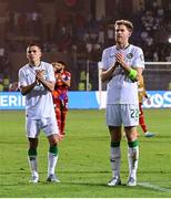 9 September 2025; Josh Cullen, left, and Nathan Collins of Republic of Ireland applaud their supporters after the FIFA World Cup 2026 Group F qualifying match between Armenia and Republic of Ireland at Vazgen Sargsyan Republican Stadium in Yerevan, Armenia. Photo by Stephen McCarthy/Sportsfile