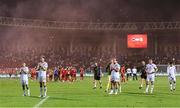 9 September 2025; Josh Cullen, left, Nathan Collins and Killian Phillips, 13, of Republic of Ireland applaud their supporters after the FIFA World Cup 2026 Group F qualifying match between Armenia and Republic of Ireland at Vazgen Sargsyan Republican Stadium in Yerevan, Armenia. Photo by Stephen McCarthy/Sportsfile
