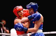 9 September 2025; Lekeisha Pergoliti of Australia, left, in action against Lisa O'Rourke of Ireland during their Women's 70kg quarterfinal bout during the World Boxing Championships 2025 at M&S Bank Arena in Liverpool, England. Photo by Ben McShane/Sportsfile