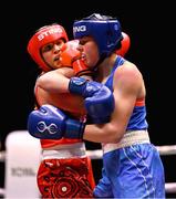 9 September 2025; Lekeisha Pergoliti of Australia, left, in action against Lisa O'Rourke of Ireland during their Women's 70kg quarterfinal bout during the World Boxing Championships 2025 at M&S Bank Arena in Liverpool, England. Photo by Ben McShane/Sportsfile
