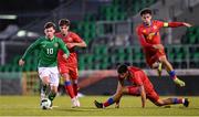 9 September 2025; Jamie Mullins of Republic of Ireland gets away from  Hugo Ferreira, Ian Olivera and Gerard Sola of Andorra during the UEFA European U21 Championship qualifying match between Republic of Ireland and Andorra at Tallaght Stadium in Dublin. Photo by Ramsey Cardy/Sportsfile