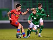 9 September 2025; Aron Rodrigo of Andorra in action against Harry Vaughan of Republic of Ireland during the UEFA European U21 Championship qualifying match between Republic of Ireland and Andorra at Tallaght Stadium in Dublin. Photo by Ramsey Cardy/Sportsfile