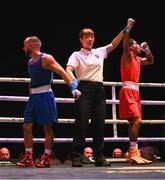 9 September 2025; Alejandro Claro Fiz of Cuba, right, is declared victorious in their Men's 50kg Round of 16 bout against Istvan Szaka of Hungary during the World Boxing Championships 2025 at M&S Bank Arena in Liverpool, England. Photo by Ben McShane/Sportsfile