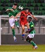 9 September 2025; Sean Grehan of Republic of Ireland in action against Jan Guma of Andorra during the UEFA European U21 Championship qualifying match between Republic of Ireland and Andorra at Tallaght Stadium in Dublin. Photo by Ramsey Cardy/Sportsfile