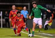 9 September 2025; Rocco Vata of Republic of Ireland is tackled by Ot Remolins of Andorra during the UEFA European U21 Championship qualifying match between Republic of Ireland and Andorra at Tallaght Stadium in Dublin. Photo by Ramsey Cardy/Sportsfile
