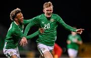 9 September 2025; Michael Noonan of Republic of Ireland, right, celebrates with teammate Trent Kone-Doherty after scoring their side's first goal during the UEFA European U21 Championship qualifying match between Republic of Ireland and Andorra at Tallaght Stadium in Dublin. Photo by Ramsey Cardy/Sportsfile