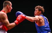 9 September 2025; Danylo Zhasan of Ukraine, left, in action against Brian Kennedy of Ireland during their Men's 85kg Round of 16 bout during the World Boxing Championships 2025 at M&S Bank Arena in Liverpool, England. Photo by Ben McShane/Sportsfile