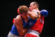 9 September 2025; Danylo Zhasan of Ukraine, right, in action against Brian Kennedy of Ireland during their Men's 85kg Round of 16 bout during the World Boxing Championships 2025 at M&S Bank Arena in Liverpool, England. Photo by Ben McShane/Sportsfile