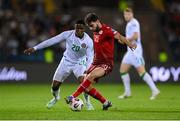 9 September 2025; Nayair Tiknizyan of Armenia in action against Chiedozie Ogbene of Republic of Ireland during the FIFA World Cup 2026 Group F qualifying match between Armenia and Republic of Ireland at Vazgen Sargsyan Republican Stadium in Yerevan, Armenia. Photo by Stephen McCarthy/Sportsfile