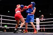 10 September 2025; Viviane Dos Santos Pereira of Brazil, left, in action against Lina Wang of China during their Women's 75kg quarterfinal bout during the World Boxing Championships 2025 at M&S Bank Arena in Liverpool, England. Photo by Ben McShane/Sportsfile