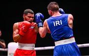 10 September 2025; Erislandy Alvarez Borges of Cuba, left, in action against Ali Habibnezhad of Iran during their Men's 65kg quarterfinal bout during the World Boxing Championships 2025 at M&S Bank Arena in Liverpool, England. Photo by Ben McShane/Sportsfile