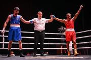 10 September 2025; Erislandy Alvarez Borges of Cuba, right, is declared victorious over Ali Habibnezhad of Iran during their Men's 65kg quarterfinal bout during the World Boxing Championships 2025 at M&S Bank Arena in Liverpool, England. Photo by Ben McShane/Sportsfile