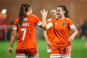 10 September 2025; Lisa Forrest, left, and Emily Whelan of Glasgow City celebrate at full time after winning the UEFA Women's Europa Cup first qualifying round first leg match between Glasgow City and Athlone Town at Petershill Park in Glasgow, Scotland. Photo by Ross MacDonald/Sportsfile