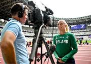 12 September 2025; Sarah Lavin of Ireland speaks to Darren Frehill of RTE during the official open training session ahead of the World Athletics Championships Tokyo 2025 at Japan National Stadium in Tokyo, Japan. Photo by Sam Barnes/Sportsfile