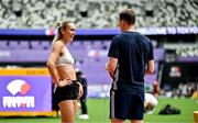 12 September 2025; Sharlene Mawdsley of Ireland in conversation with Karsten Warholm of Norway during the official open training session ahead of the World Athletics Championships Tokyo 2025 at Japan National Stadium in Tokyo, Japan. Photo by Sam Barnes/Sportsfile