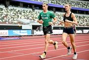12 September 2025; Darragh McElhinney of Ireland, and teammate Laura Nicholson during the official open training session ahead of the World Athletics Championships Tokyo 2025 at Japan National Stadium in Tokyo, Japan. Photo by Sam Barnes/Sportsfile