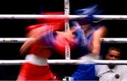 12 September 2025; Minakshi Minakshi of India, left, in action against Alice Pumphrey of England during their Women's 48kg quarterfinal bout during the World Boxing Championships 2025 at M&S Bank Arena in Liverpool, England. Photo by Ben McShane/Sportsfile