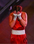 12 September 2025; Grainne Walsh of Ireland reacts after her defeat in their Women's 65kg semi-final bout against Aida Abikeyeva of Kazakhstan during the World Boxing Championships 2025 at M&S Bank Arena in Liverpool, England. Photo by Ben McShane/Sportsfile