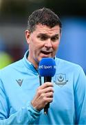 12 September 2025; Drogheda United manager Kevin Doherty is interviewed for RTÉ Sport before the Sports Direct Men’s FAI Cup quarter-final match between Drogheda United and Shamrock Rovers at Sullivan & Lambe Park in Drogheda, Louth. Photo by Seb Daly/Sportsfile