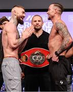 12 September 2025; Lewis Crocker, left, and Paddy Donovan during the weigh-ins at The ICC in Belfast ahead of their IBF World Welterweight bout at Clearer Twist National Football Stadium, Windsor Park tomorrow night. Photo by Matthew Pover/Sportsfile