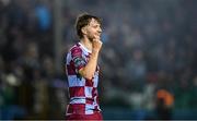 12 September 2025; Drogheda United's Andrew Quinn celebrates after the full-time whiste in normal time of the Sports Direct Men’s FAI Cup quarter-final match between Drogheda United and Shamrock Rovers at Sullivan & Lambe Park in Drogheda, Louth. Photo by Seb Daly/Sportsfile