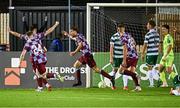 12 September 2025; Andrew Quinn of Drogheda United celebrates after scoring his side's equalising goal in additional time of normal time during the Sports Direct Men’s FAI Cup quarter-final match between Drogheda United and Shamrock Rovers at Sullivan & Lambe Park in Drogheda, Louth. Photo by Seb Daly/Sportsfile