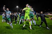 12 September 2025; Shamrock Rovers goalkeeper Ed McGinty and Aaron McEneff, left, celebrate after the Sports Direct Men’s FAI Cup quarter-final match between Drogheda United and Shamrock Rovers at Sullivan & Lambe Park in Drogheda, Louth. Photo by Seb Daly/Sportsfile
