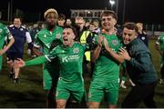 12 September 2025; Kerry FC players, from left, Okwuy Okwute, Sean McGrath, and Cian Brosnan celebrate after the Sports Direct Men’s FAI Cup quarter-final match between Kerry FC and Sligo Rovers at Mounthawk Park in Tralee, Kerry. Photo by Michael P Ryan/Sportsfile
