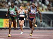 13 September 2025; Dina Asher-Smith of Great Britain, right, competes in the women's 100m heats during day one of the World Athletics Championships Tokyo 2025 at Japan National Stadium in Tokyo, Japan. Photo by Sam Barnes/Sportsfile