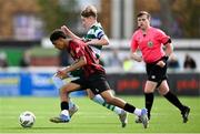 13 September 2025; Mahmoud Hamad of Bohemians in action against Bobby Zeller of Shamrock Rovers during the EA SPORTS MU15 LOI Michael Hayes Cup match between Bohemians and Shamrock Rovers at Carlisle Grounds in Bray, Wicklow. Photo by Shauna Clinton/Sportsfile