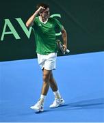 13 September 2025; Peter Buldorini of Ireland celebrates during the singles match against Yunchaokete Bu of China PR on day one of the Davis Cup World Group II match between Ireland and China PR at the Sport Ireland National Indoor Arena in Dublin. Photo by Piaras Ó Mídheach/Sportsfile