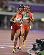 13 September 2025; Gudaf Tsegay of Ethiopia, right, competing in the women's 10,000m final during day one of the World Athletics Championships Tokyo 2025 at Japan National Stadium in Tokyo, Japan. Photo by Sam Barnes/Sportsfile