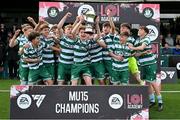13 September 2025; Shamrock Rovers captain Bobby Zeller, centre, lifts the cup with team-mates after his side's victory in the EA SPORTS MU15 LOI Michael Hayes Cup match between Bohemians and Shamrock Rovers at Carlisle Grounds in Bray, Wicklow. Photo by Shauna Clinton/Sportsfile