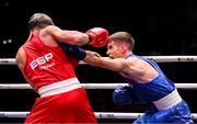 13 September 2025; Patsy Joyce of Ireland, right, in action against Rafael Lozano Serrano of Spain during their Men's 55kg semi-final bout during the World Boxing Championships 2025 at M&S Bank Arena in Liverpool, England. Photo by Ben McShane/Sportsfile