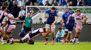 13 September 2025; Diarmuid Mangan of Leinster is tackled by Teddy Williams of Cardiff Rugby during the pre-season friendly match between Leinster and Cardiff at Tallaght Stadium in Dublin. Photo by Brendan Moran/Sportsfile