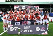 13 September 2025; St Patrick's Athletic captain Kian Quigley, centre, lifts the cup with team-mates after their side's victory in the EA SPORTS MU17 LOI Mark Farren Cup match between St Patrick’s Athletic and Waterford at Carlisle Grounds in Bray, Wicklow. Photo by Shauna Clinton/Sportsfile