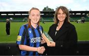 14 September 2025; Kate Slevin of Athlone Town is presented with the player of the match award by Sharon Lancaster, Marketing Manager, Sports Direct, after the Sports Direct Women's FAI Cup semi-final match between Shamrock Rovers and Athlone Town at Tallaght Stadium in Dublin. Photo by Ramsey Cardy/Sportsfile