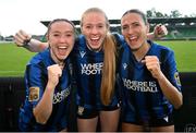 14 September 2025; Athlone Town players, from left, Hannah Waesch, Kelly Brady and Madison Gibson celebrate after the Sports Direct Women's FAI Cup semi-final match between Shamrock Rovers and Athlone Town at Tallaght Stadium in Dublin. Photo by Ramsey Cardy/Sportsfile