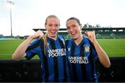 14 September 2025; Athlone Town goalscorers Kelly Brady, left, and Madison Gibson celebrate after the Sports Direct Women's FAI Cup semi-final match between Shamrock Rovers and Athlone Town at Tallaght Stadium in Dublin. Photo by Ramsey Cardy/Sportsfile