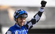 14 September 2025; Jockey Dylan Browne McMonagle celebrates after winning the Comer Group International Irish St Leger on Al Riffa during day two of the Irish Champions Festival at The Curragh Racecourse in Kildare. Photo by Seb Daly/Sportsfile