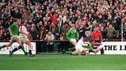 20 March 1993; Ireland's Mick Galwey scores a try against  England. Five Nations Rugby Championship, Ireland v England, Lansdowne Road, Dublin. Picture Credit: David Maher / SPORTSFILE