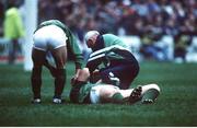 18 January 1992; Ireland's Neil Francis is attended to by the team doctor after an incident with Wales' Tony Copsey. Five Nations Rugby Championship, Ireland v Wales, Lansdowne Road, Dublin. Picture credit: Ray McManus / SPORTSFILE