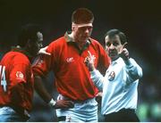 18 January 1992; Wales' Tony Copsey is spoken to by Referee Fred Howard in the company of Wales captain Ieuan Evans, left, following an altercation with Ireland's Neil Francis. Five Nations Rugby Championship, Ireland v Wales, Lansdowne Road, Dublin. Picture credit: Ray McManus / SPORTSFILE