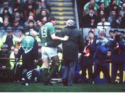 18 January 1992; Ireland's Neil Francis is led off the field after an incident with Wales' Tony Copsey. Five Nations Rugby Championship, Ireland v Wales, Lansdowne Road, Dublin. Picture credit: Ray McManus / SPORTSFILE