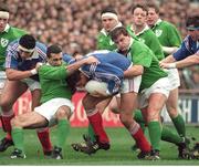 20 February 1993; Philippe Benetton, France, is tackled by Michael Bradley, left, and Peter Clohessy, Ireland. Five Nations Rugby Championship, Ireland v France, Lansdowne Road, Dublin. Picture credit: Ray McManus / SPORTSFILE